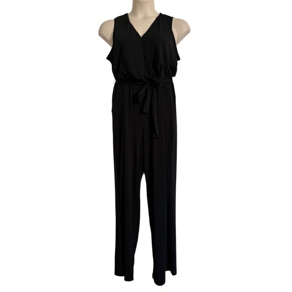 NY Collection Petite XL Sleeveless Black Jumpsuit Tie Waist Stretchy Pockets NWT - Picture 1 of 11